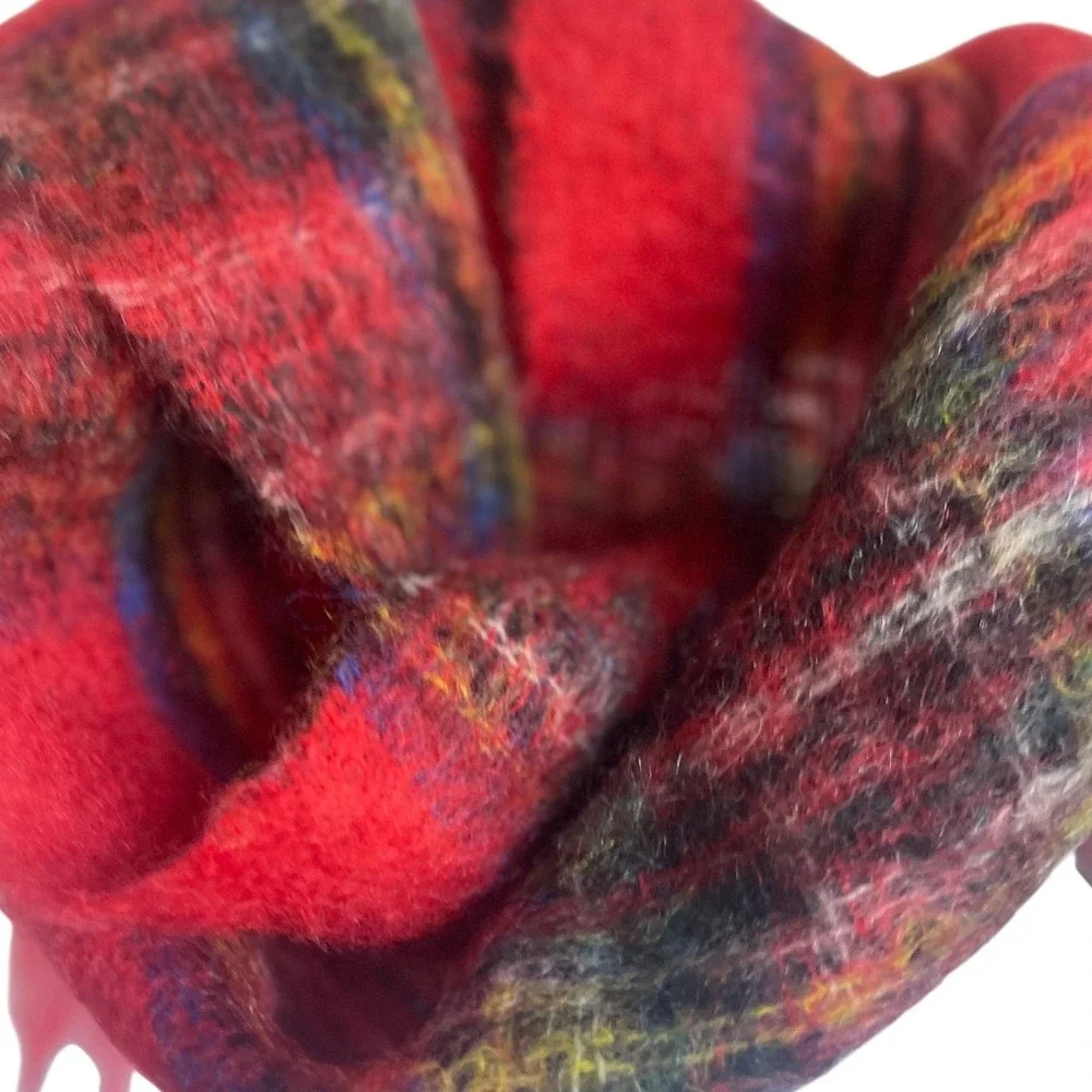 Vintage Red Tartan Plaid Scottish Mohair Wool Scarf Made in Scotland Fringe‎